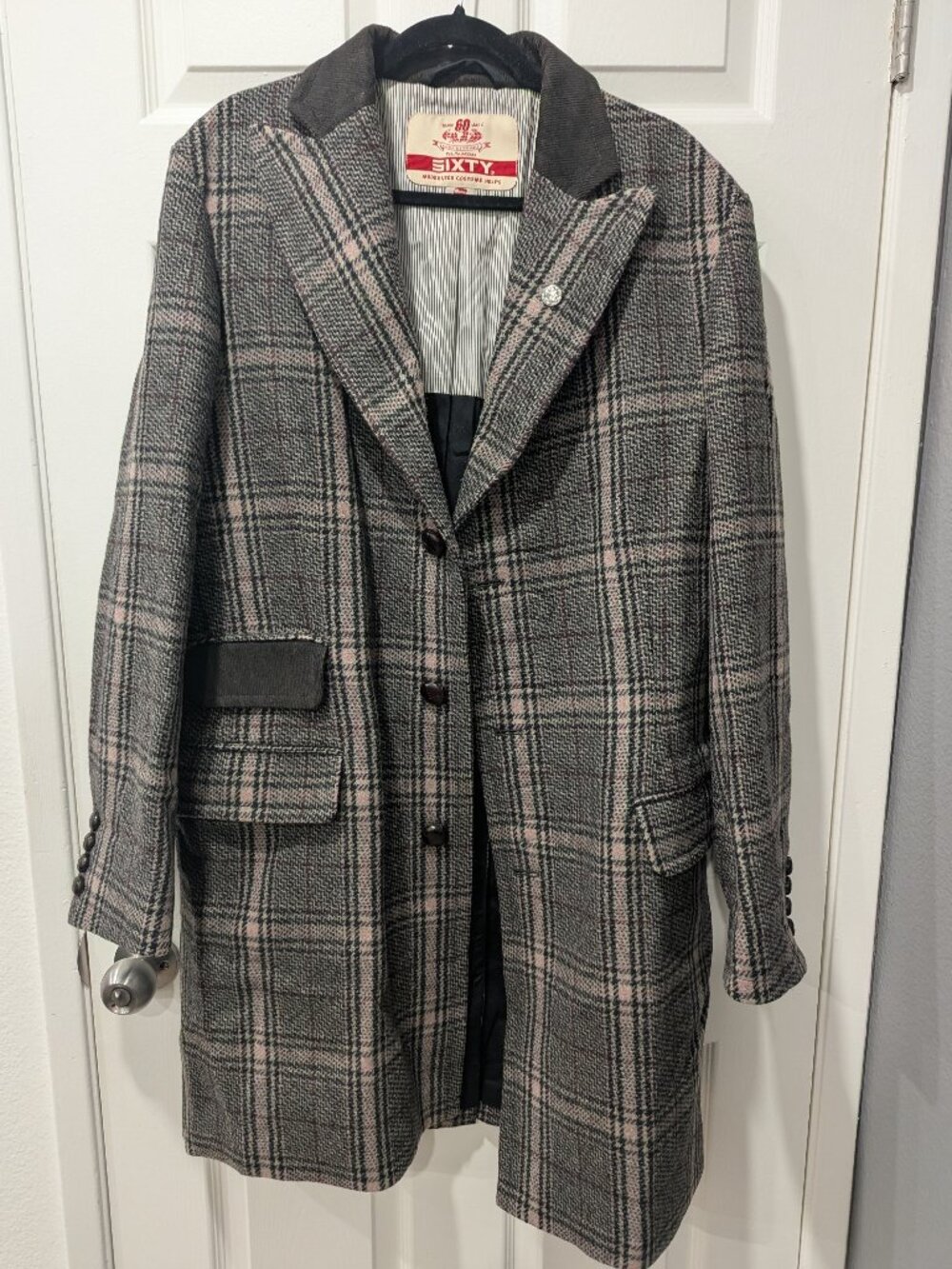 Sixty Italy Wool Glen Plaid Overcoat Men’s XL Corduroy Collar Leather Buttons